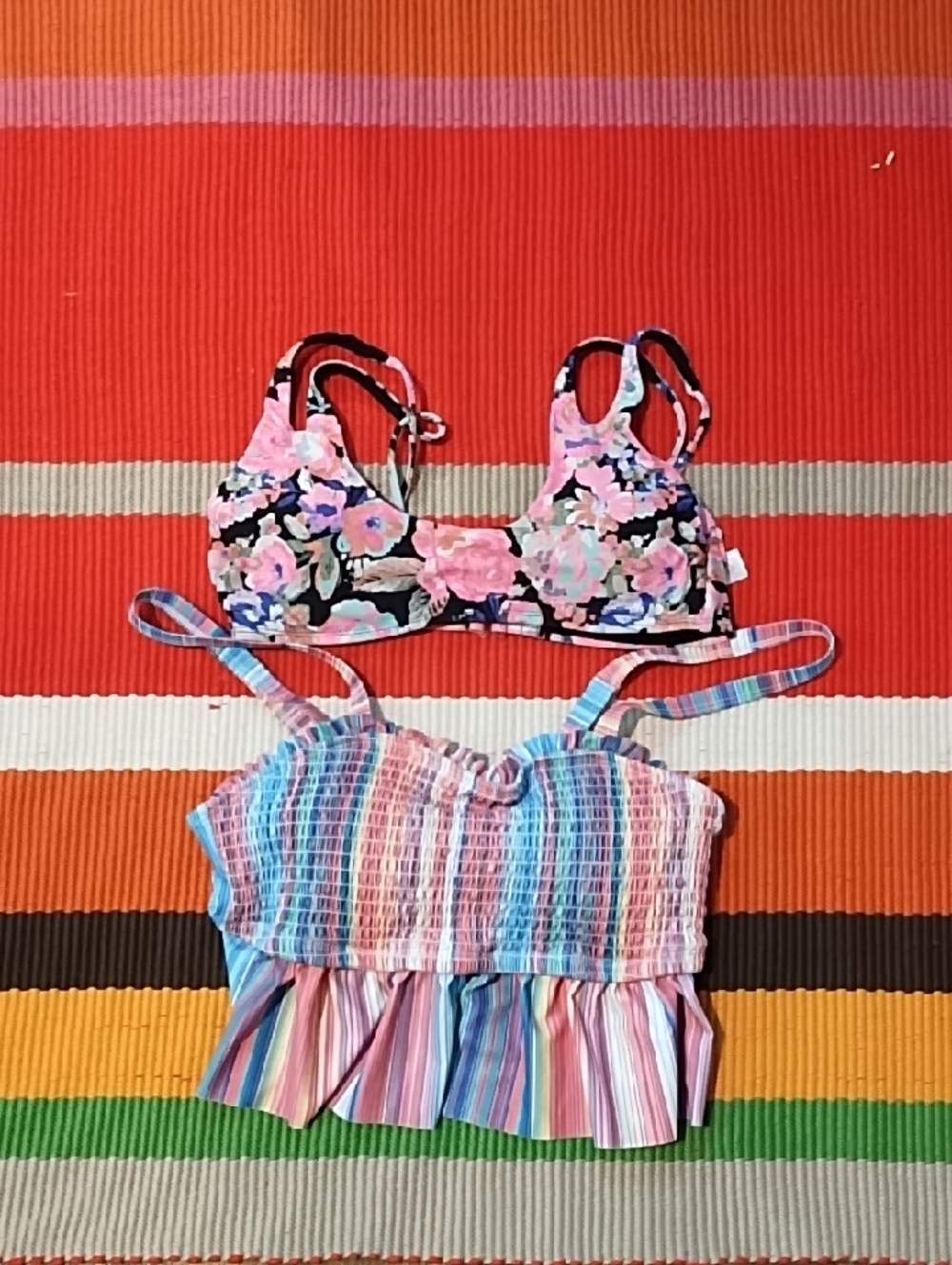 No Boundaries Pink Floral Bikini Top and Multicolor Striped Ruffle Tankini VGC.